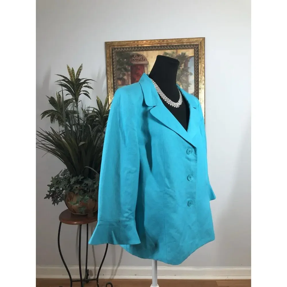 Le Suit Blue Women Jacket 3/4 Sleeve Size 16 Linen Clueless Preppy Office Siren - Picture 2 of 9